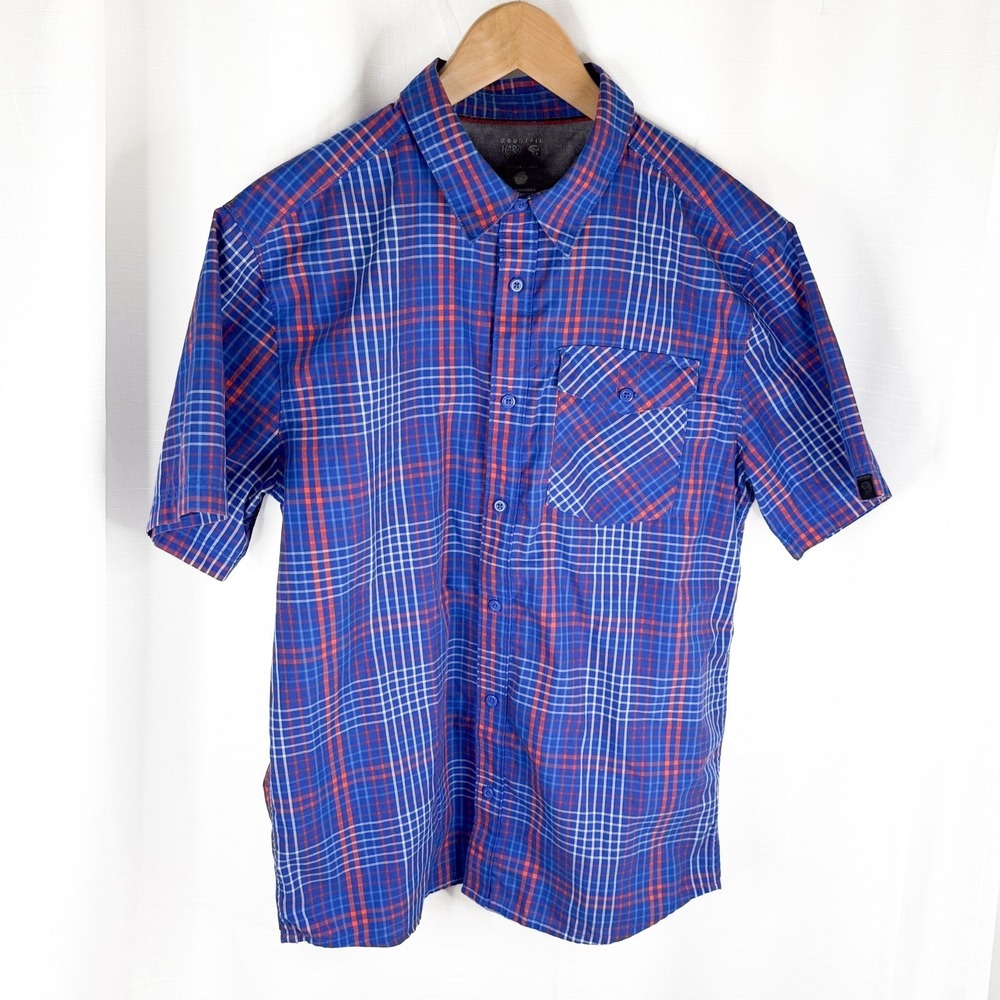 Mountain Hardwear Plaid Shirt Mens Medium Blue Orange Short Sleeve Button Up EUC